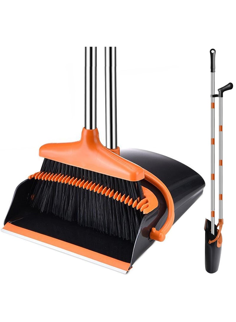 LODROC Dustpan and Brush Set Long Handled – Broom and Dustpan Set Reduce Bending Tall Lobby Dustpan and Sweeping Brush (Black-orange) - Image 1